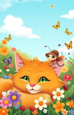 A whimsical illustration of a adorable cat and a tiny flea having an adventurous day together