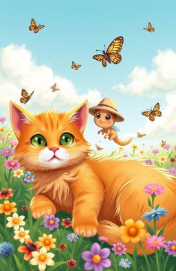 A whimsical illustration of a adorable cat and a tiny flea having an adventurous day together