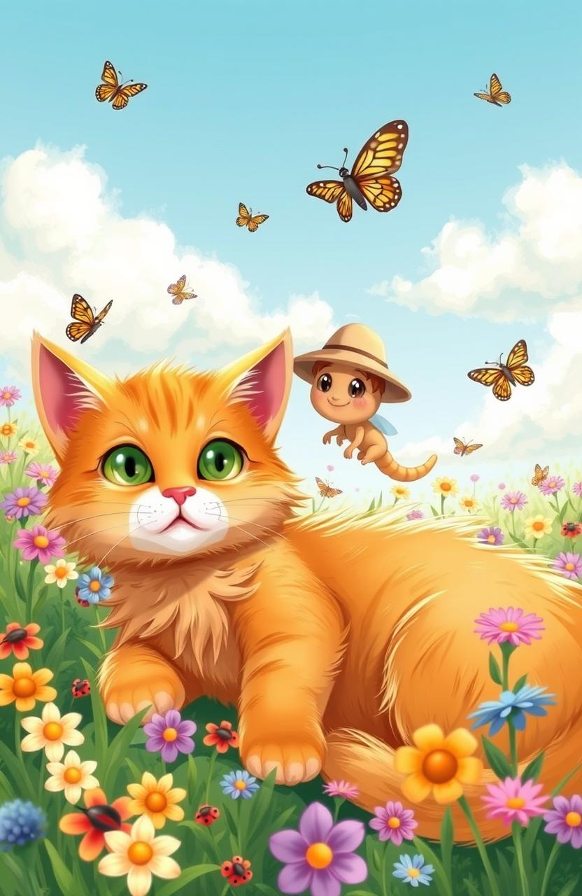 A whimsical illustration of a adorable cat and a tiny flea having an adventurous day together