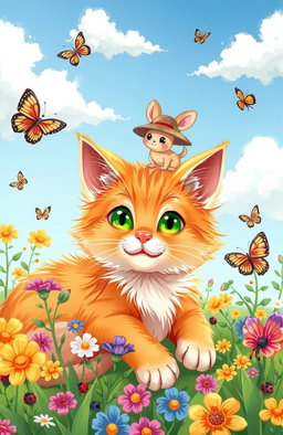 A whimsical illustration of a adorable cat and a tiny flea having an adventurous day together