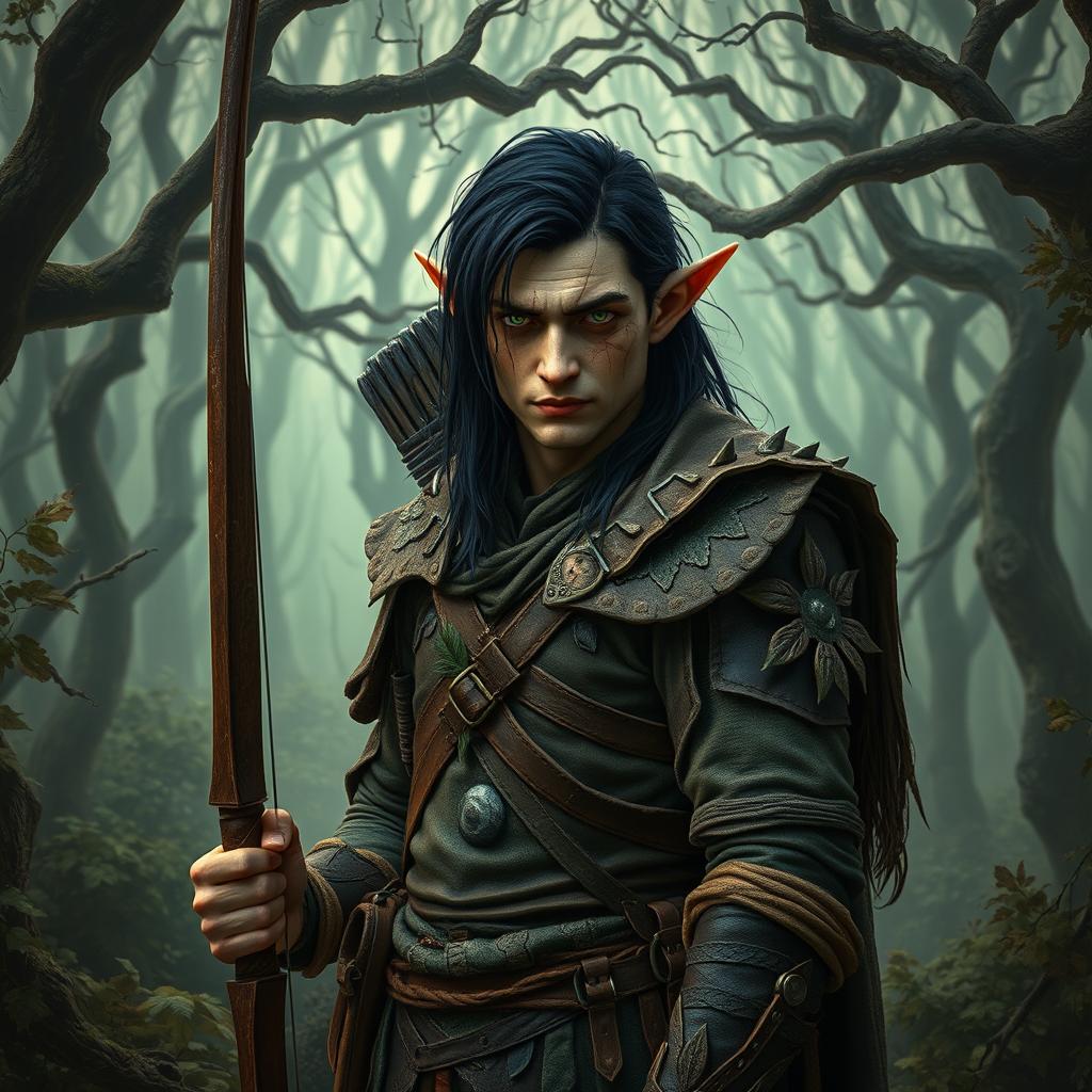 Scarred Half-Elf Archer in a Haunted Forest