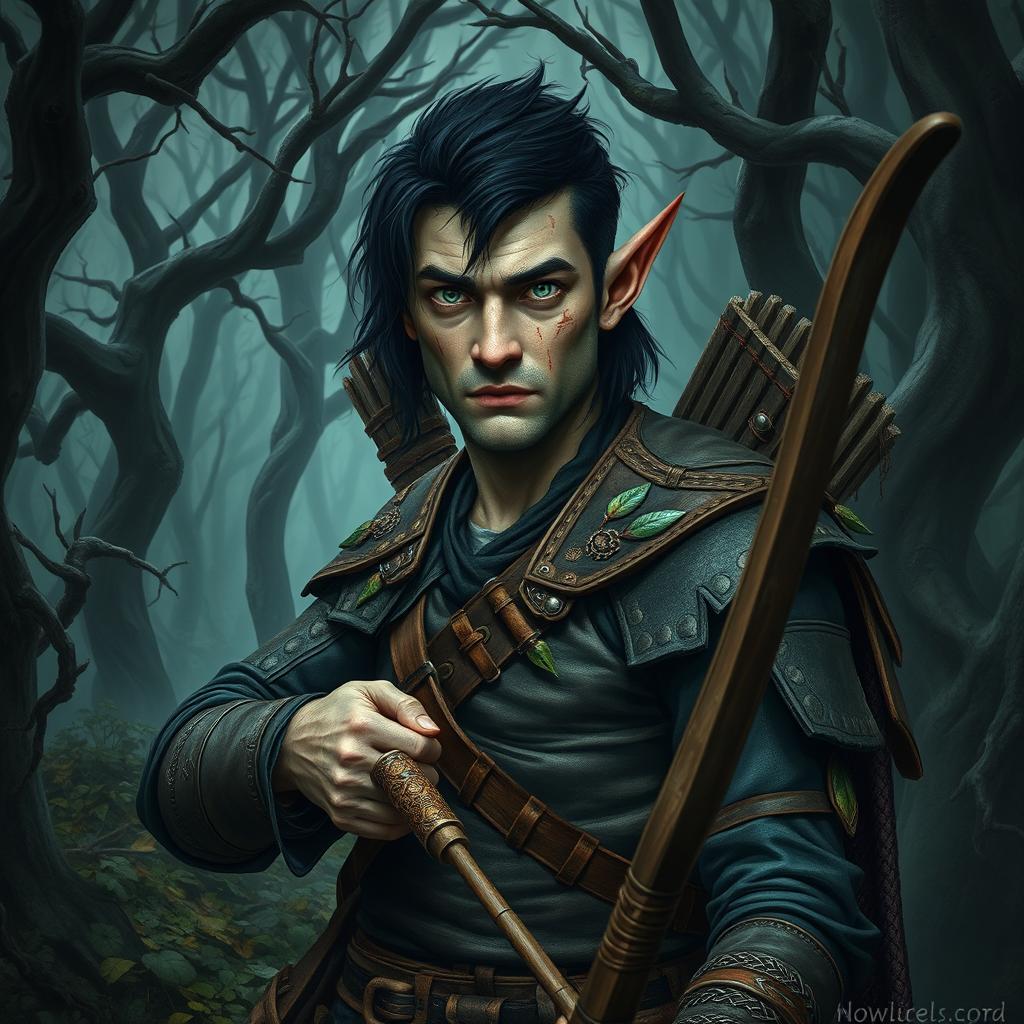 A scarred and grizzled half-elf archer standing in a sickly forest, featuring black hair, striking green eyes, and pale skin