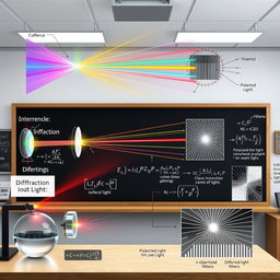 A comprehensive illustration of wave optics, depicting the phenomena of interference, diffraction, and polarization of light