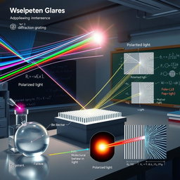 A comprehensive illustration of wave optics, depicting the phenomena of interference, diffraction, and polarization of light