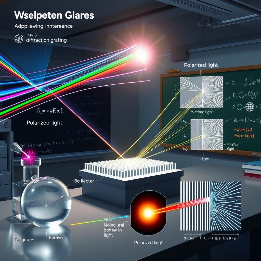 A comprehensive illustration of wave optics, depicting the phenomena of interference, diffraction, and polarization of light