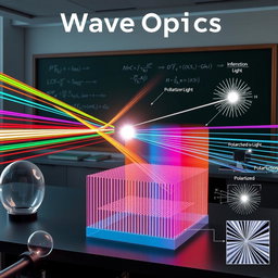 A comprehensive illustration of wave optics, depicting the phenomena of interference, diffraction, and polarization of light