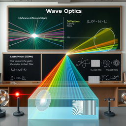 A comprehensive illustration of wave optics, depicting the phenomena of interference, diffraction, and polarization of light