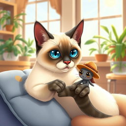 A charming illustration featuring a beautiful Siamese cat with striking blue eyes and sleek cream-colored fur, playfully interacting with a tiny flea