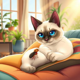 A charming illustration featuring a beautiful Siamese cat with striking blue eyes and sleek cream-colored fur, playfully interacting with a tiny flea