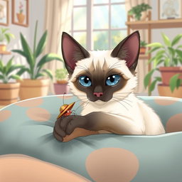 A charming illustration featuring a beautiful Siamese cat with striking blue eyes and sleek cream-colored fur, playfully interacting with a tiny flea
