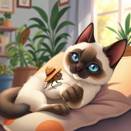 A charming illustration featuring a beautiful Siamese cat with striking blue eyes and sleek cream-colored fur, playfully interacting with a tiny flea