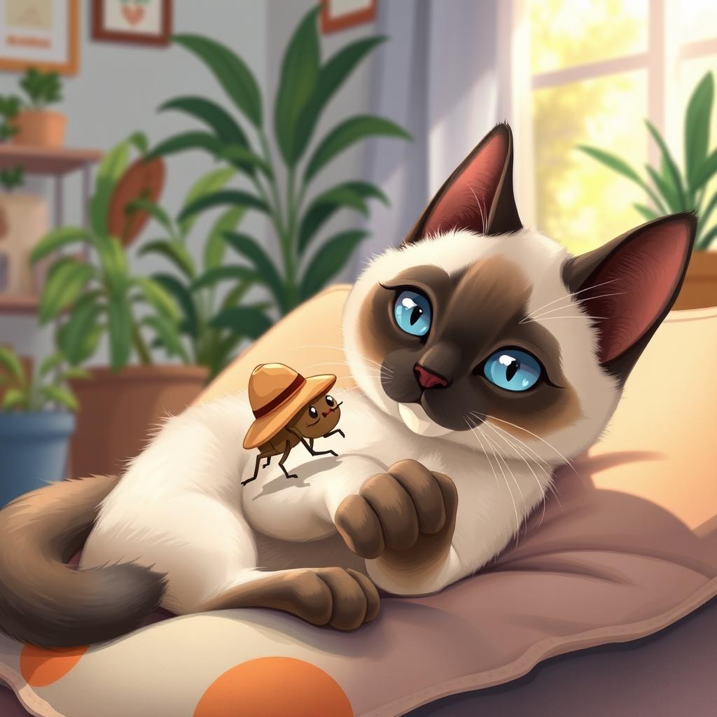 A charming illustration featuring a beautiful Siamese cat with striking blue eyes and sleek cream-colored fur, playfully interacting with a tiny flea