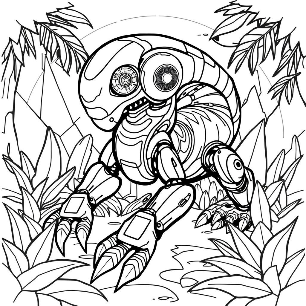 A black and white coloring page design featuring an advanced and futuristic Velvet Worm AI