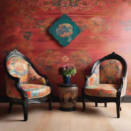 Two chairs situated in a scene, reflecting a modern Oriental aesthetic with an explosion of color, rich patterns, and artistic elements