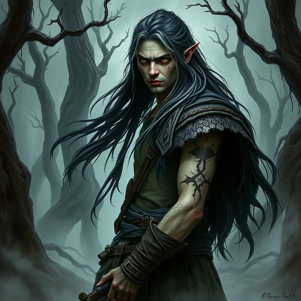 A scarred and grizzled half-elf hunter ranger standing in a sickly forest, with long black and silver hair flowing elegantly and striking green eyes that pierce through the gloom
