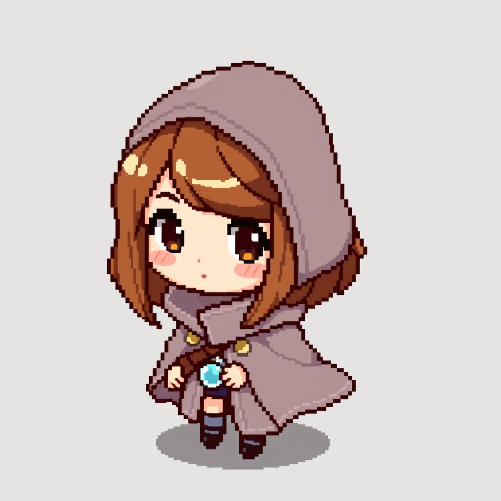 A pixel art character designed for a top-down RPG game, featuring a female mage with brown hair