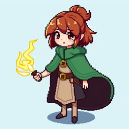 A pixel art character designed for a top-down RPG game, featuring a female mage with brown hair