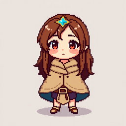 A pixel art character designed for a top-down RPG game, featuring a female mage with brown hair