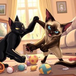 A dynamic illustration depicting an intense scene between a sleek black cat and a striking Siamese cat engaged in a playful yet fierce battle