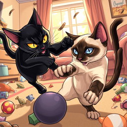 A dynamic illustration depicting an intense scene between a sleek black cat and a striking Siamese cat engaged in a playful yet fierce battle