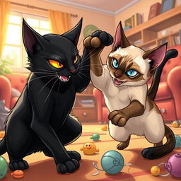 A dynamic illustration depicting an intense scene between a sleek black cat and a striking Siamese cat engaged in a playful yet fierce battle