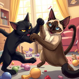 A dynamic illustration depicting an intense scene between a sleek black cat and a striking Siamese cat engaged in a playful yet fierce battle