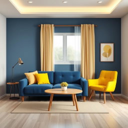 A hyper-realistic 3D-rendered living room in a modern two-room apartment