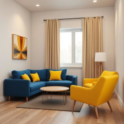 A hyper-realistic 3D-rendered living room in a modern two-room apartment