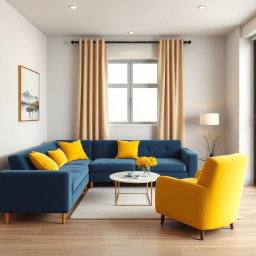 A hyper-realistic 3D-rendered living room in a modern two-room apartment
