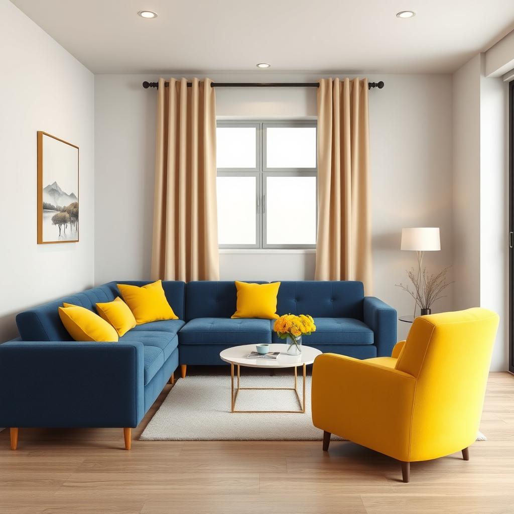 A hyper-realistic 3D-rendered living room in a modern two-room apartment