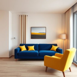 A hyper-realistic 3D-rendered living room in a modern two-room apartment