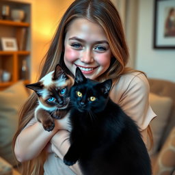 A heartwarming scene featuring a young woman with long flowing hair and a warm smile, gently holding a Siamese cat and a sleek black cat in her arms
