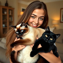 A heartwarming scene featuring a young woman with long flowing hair and a warm smile, gently holding a Siamese cat and a sleek black cat in her arms