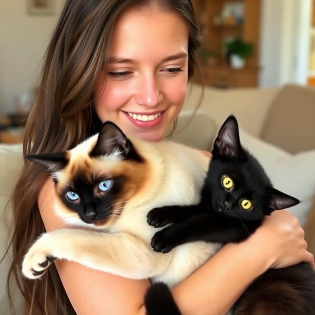 A heartwarming scene featuring a young woman with long flowing hair and a warm smile, gently holding a Siamese cat and a sleek black cat in her arms
