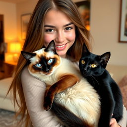 A heartwarming scene featuring a young woman with long flowing hair and a warm smile, gently holding a Siamese cat and a sleek black cat in her arms