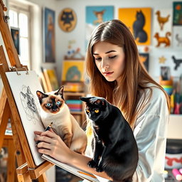 An artistic scene showcasing a young woman with long hair, intently drawing at an easel