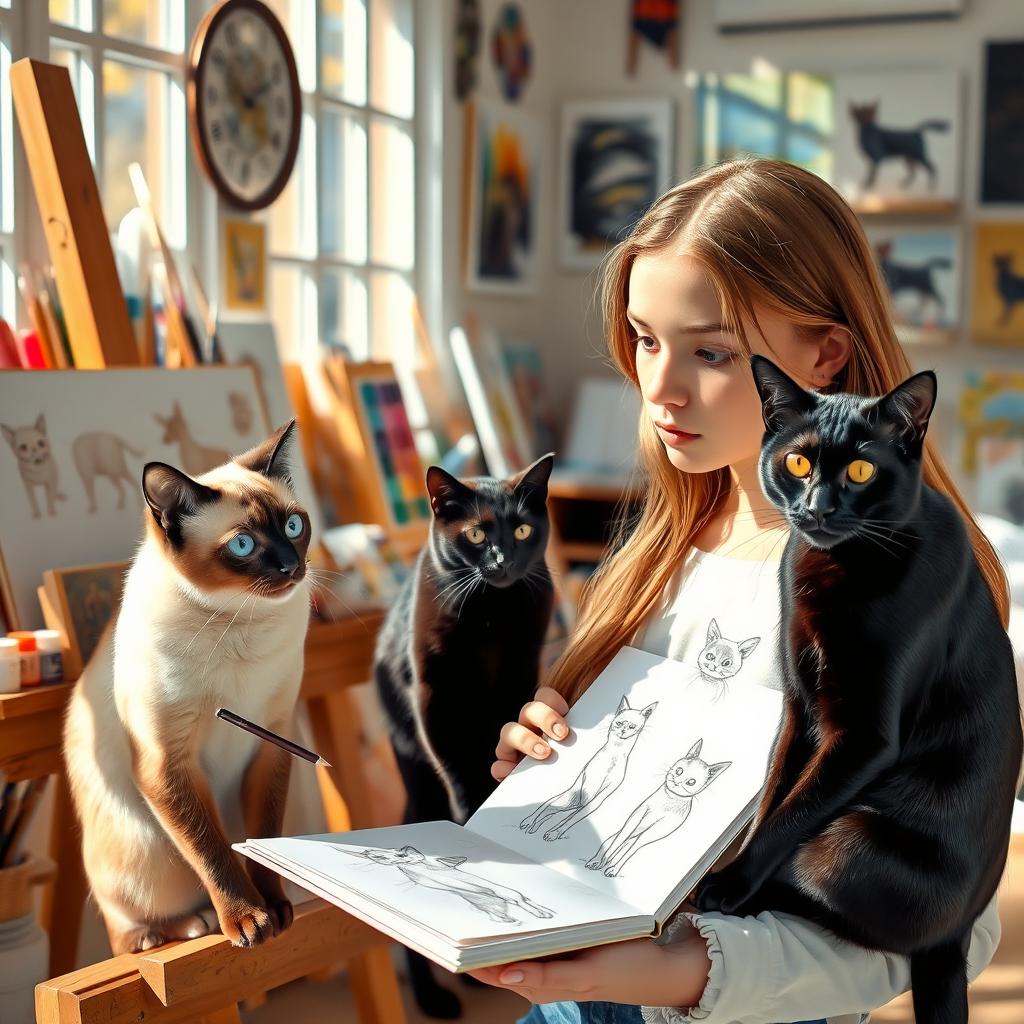 An artistic scene showcasing a young woman with long hair, intently drawing at an easel