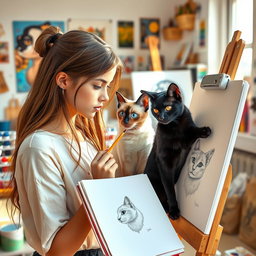 An artistic scene showcasing a young woman with long hair, intently drawing at an easel