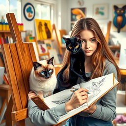 An artistic scene showcasing a young woman with long hair, intently drawing at an easel
