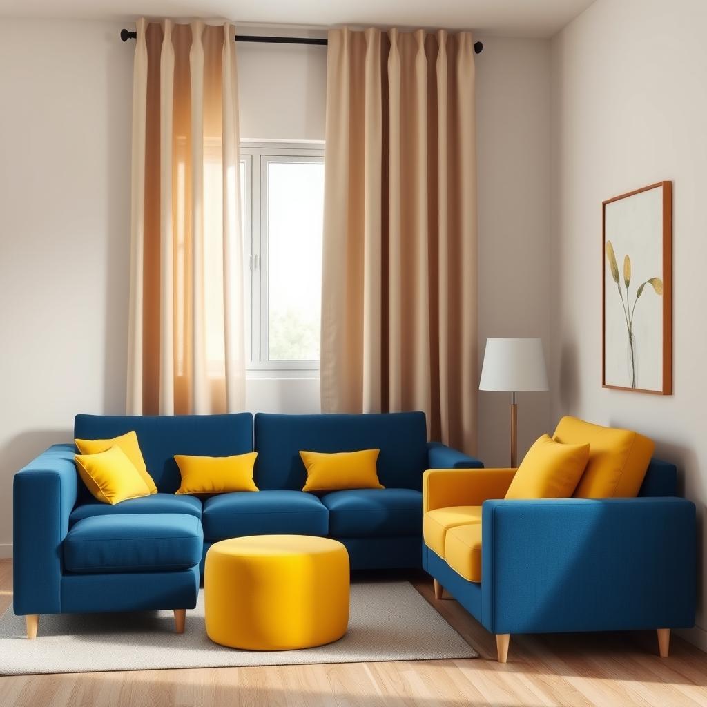 A hyper-realistic 3D-rendered living room in a modern two-room apartment featuring a deep blue sofa with three small yellow cushions and a vibrant yellow chair