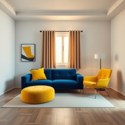 A hyper-realistic 3D-rendered living room in a modern two-room apartment featuring a deep blue sofa with three small yellow cushions and a vibrant yellow chair
