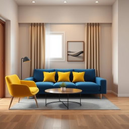 A hyper-realistic 3D-rendered living room in a modern two-room apartment featuring a deep blue sofa with three small yellow cushions and a vibrant yellow chair