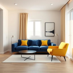 A hyper-realistic 3D-rendered living room in a modern two-room apartment featuring a deep blue sofa with three small yellow cushions and a vibrant yellow chair
