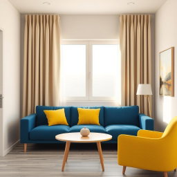 A hyper-realistic 3D-rendered living room in a modern two-room apartment featuring a deep blue sofa adorned with three small yellow cushions and a vibrant yellow chair
