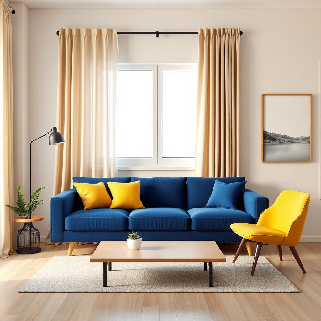 A hyper-realistic 3D-rendered living room in a modern two-room apartment featuring a deep blue sofa adorned with three small yellow cushions and a vibrant yellow chair