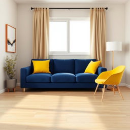 A hyper-realistic 3D-rendered living room in a modern two-room apartment featuring a deep blue sofa adorned with three small yellow cushions and a vibrant yellow chair