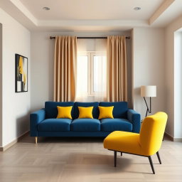 A hyper-realistic 3D-rendered living room in a modern two-room apartment featuring a deep blue sofa adorned with three small yellow cushions and a vibrant yellow chair