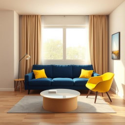 A hyper-realistic 3D-rendered living room in a modern two-room apartment featuring a deep blue sofa adorned with three small yellow cushions, complemented by a vibrant yellow chair