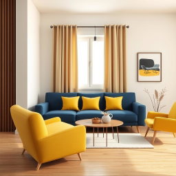 A hyper-realistic 3D-rendered living room in a modern two-room apartment featuring a deep blue sofa adorned with three small yellow cushions, complemented by a vibrant yellow chair