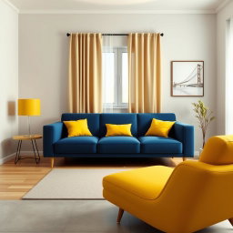 A hyper-realistic 3D-rendered living room in a modern two-room apartment featuring a deep blue sofa adorned with three small yellow cushions, complemented by a vibrant yellow chair